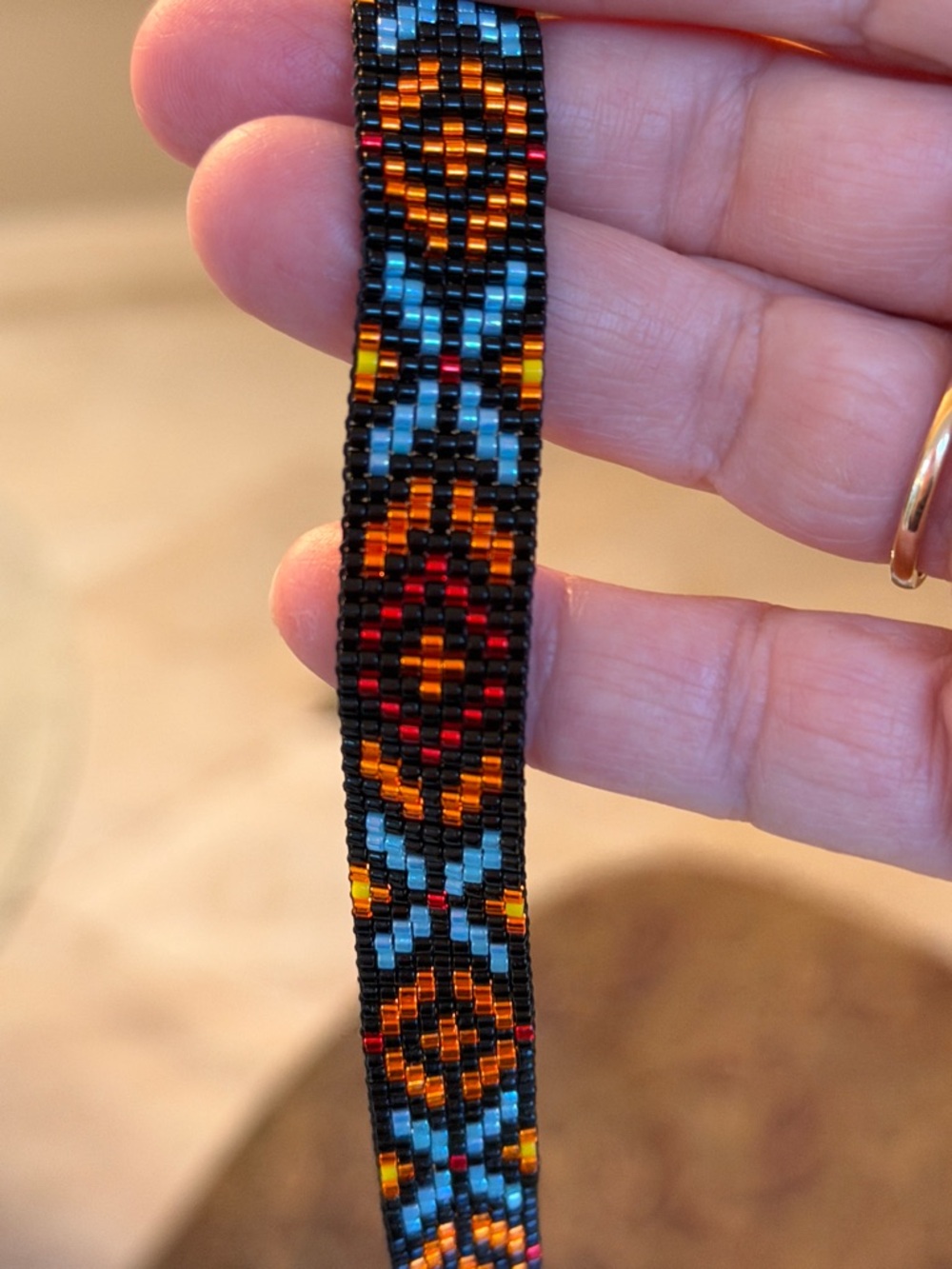 Geometric Beaded Bracelet | Turquoise Gold Garnet | Handmade Loom - Picture 7 of 7